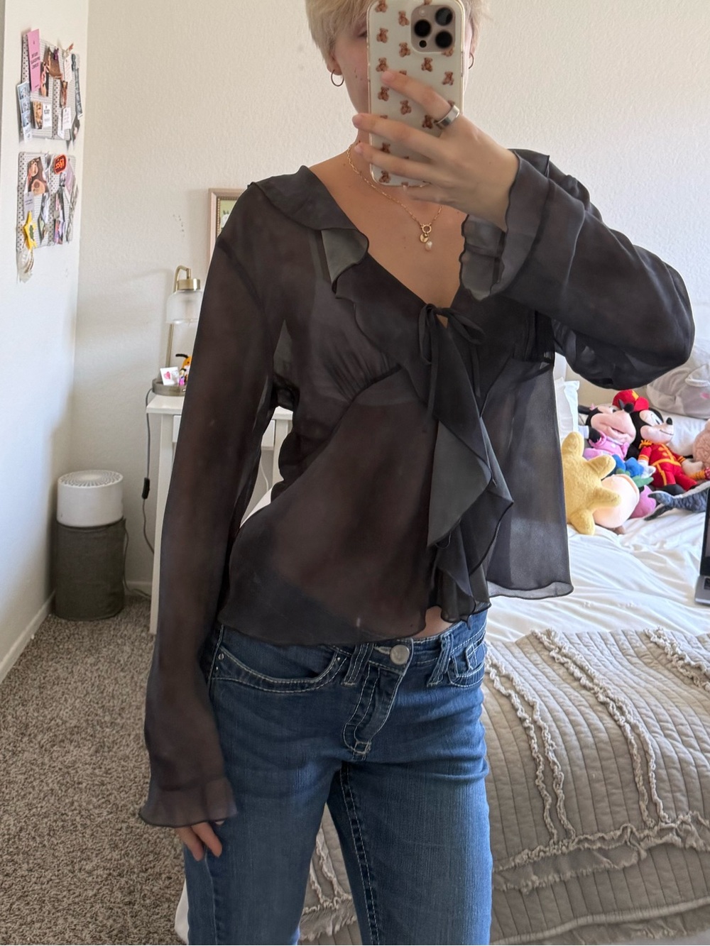 Aritzia Sheer Ruffle-Tie Long Sleeve Top